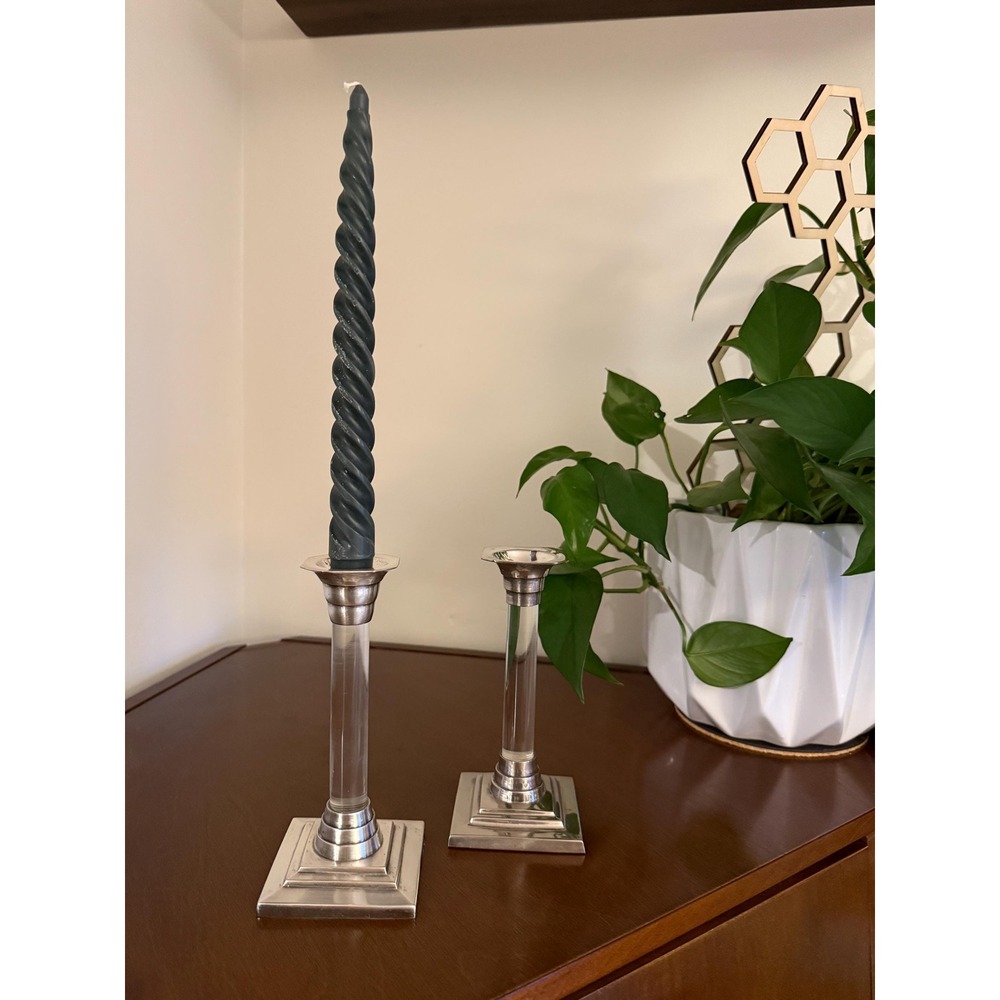 Vintage Lucite Candlesticks Silverplate Taper Holders | Mid Century Modern Decor